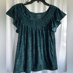 Elle Green Flutter Sleeve Blouse with Smocked Ruffles